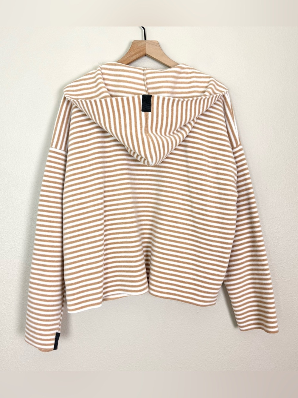NWT Henriette Steffensen Sporty Fleece Hooded Cardigan Tan Beige Stripes Large - Picture 3 of 8